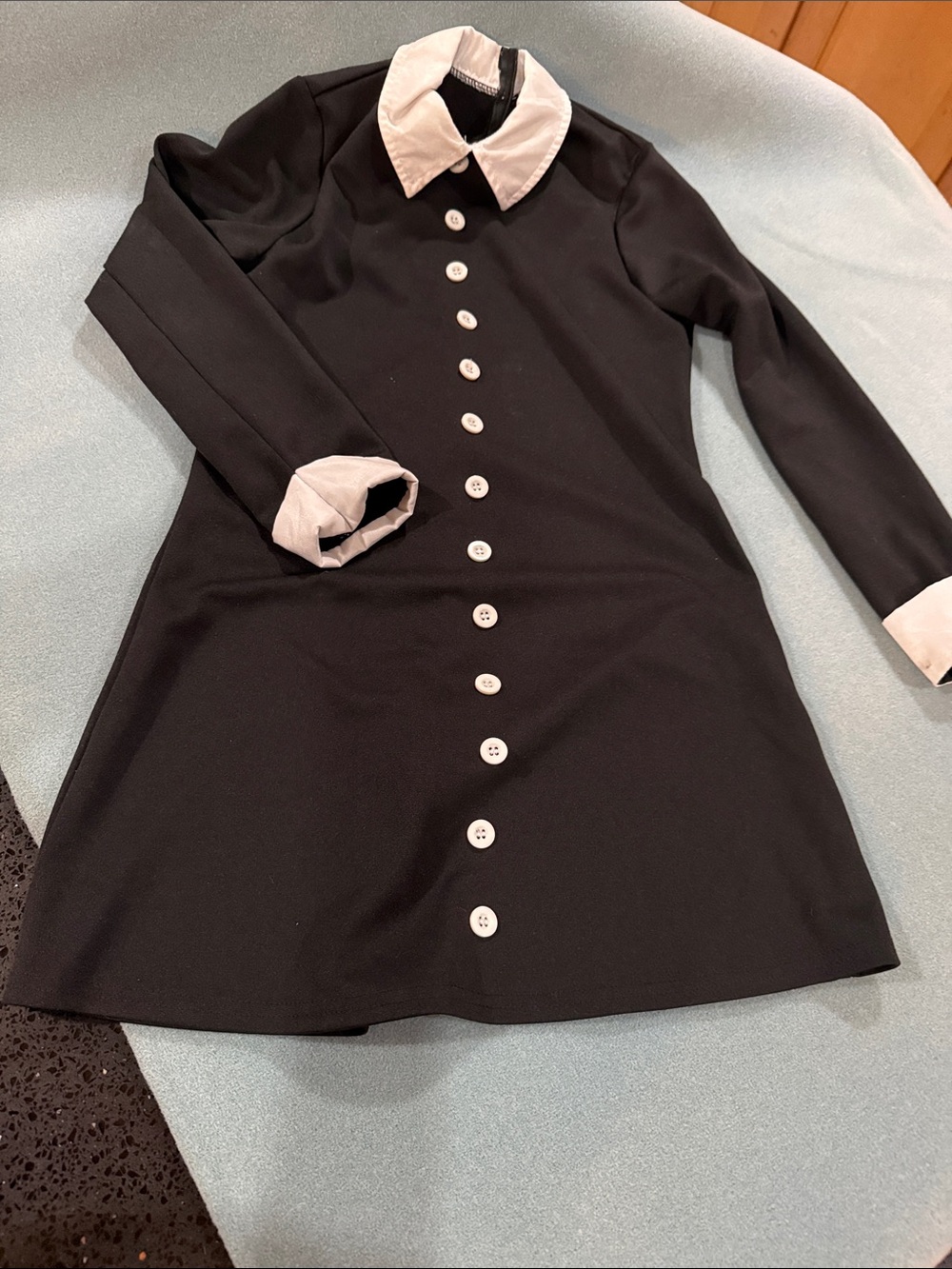 Black Long-Sleeve Kids Dress with White Collar and Button Front